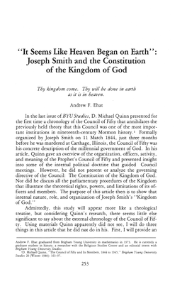 It Seems Like Heaven Began on Earth Joseph Smith and the Constitution of the Kingdom of God