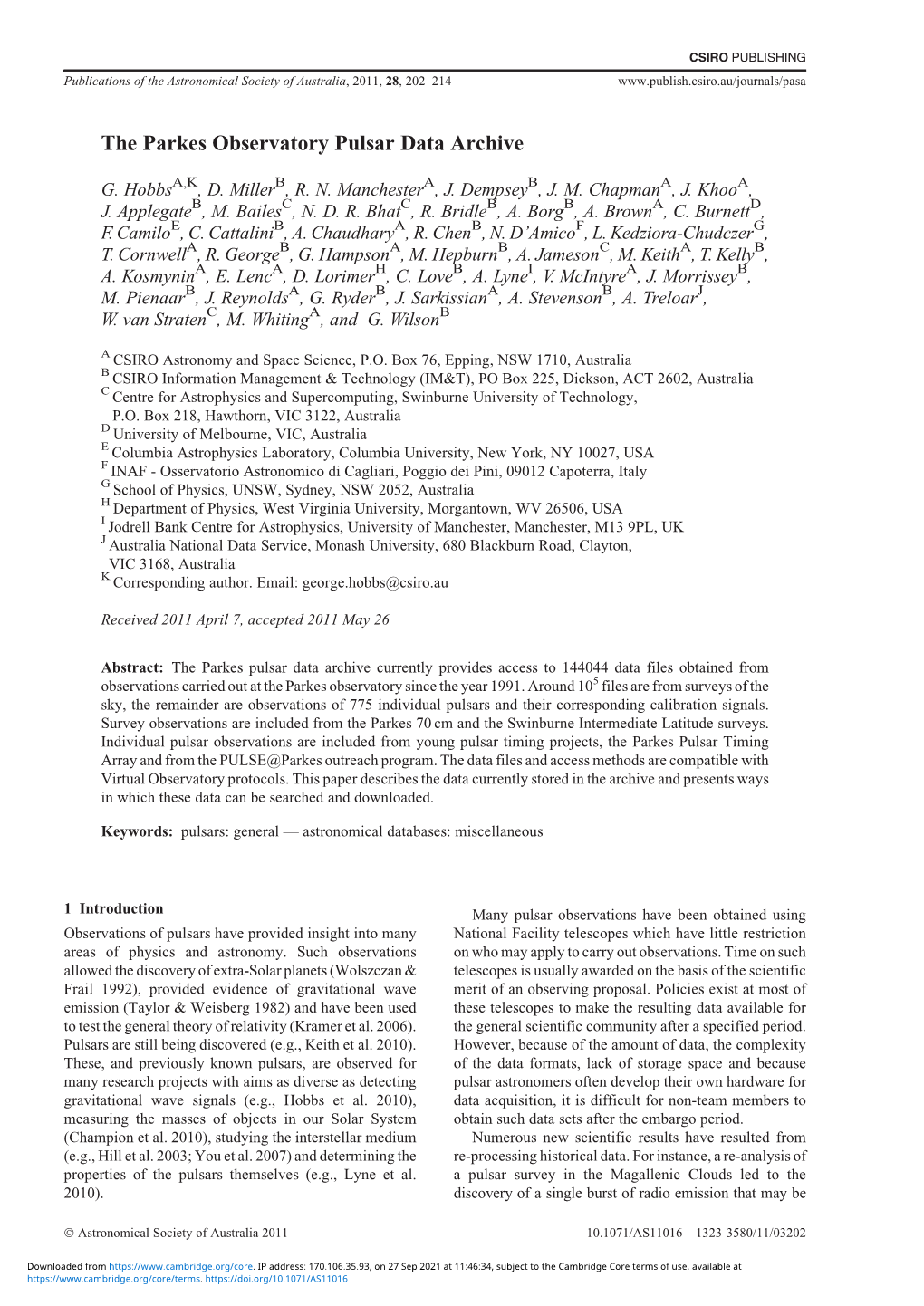 The Parkes Observatory Pulsar Data Archive