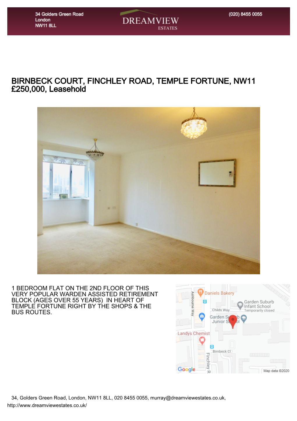 BIRNBECK COURT, FINCHLEY ROAD, TEMPLE FORTUNE, NW11 £250,000, Leasehold