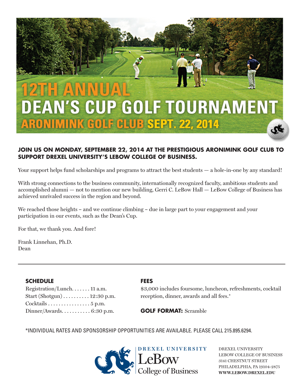 Join Us on Monday, September 22, 2014 at the Prestigious Aronimink Golf Club to Support Drexel University’S Lebow College of Business
