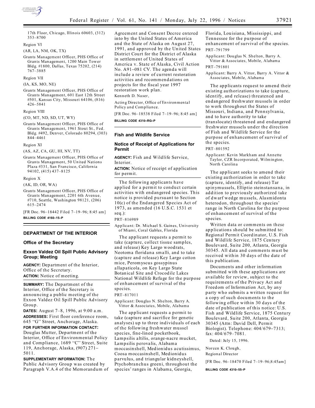 Federal Register / Vol. 61, No. 141 / Monday, July 22, 1996 / Notices 37921