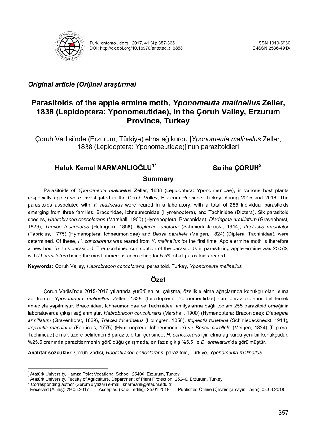 Parasitoids of the Apple Ermine Moth, Yponomeuta Malinellus Zeller, 1838 (Lepidoptera: Yponomeutidae), in the Çoruh Valley, Erzurum Province, Turkey