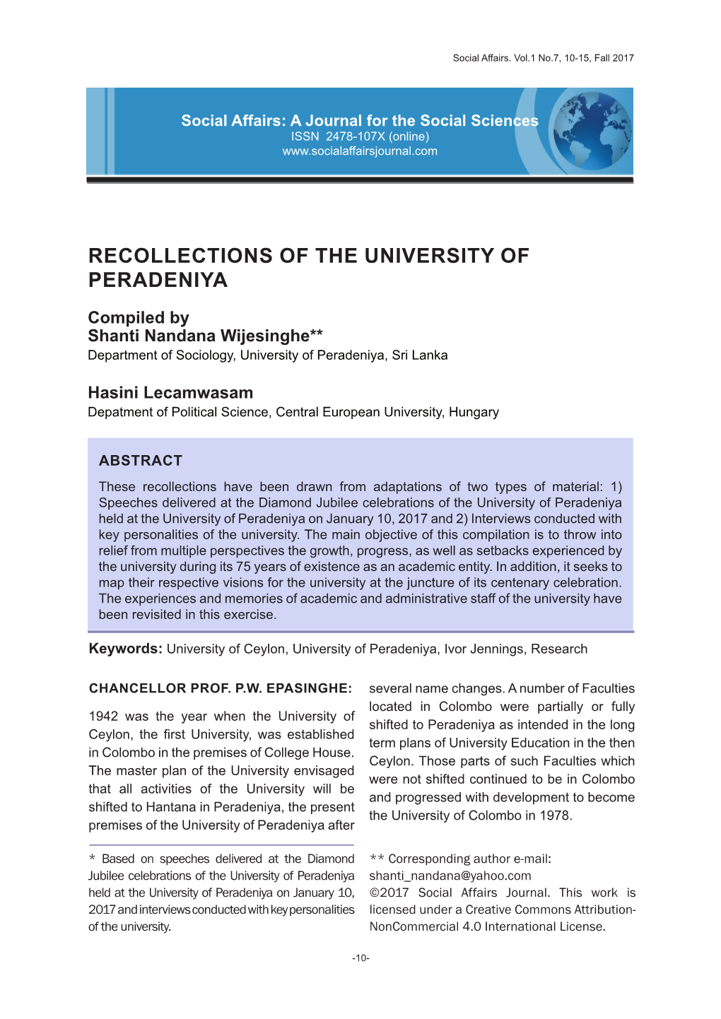 Recollections of the University of Peradeniya