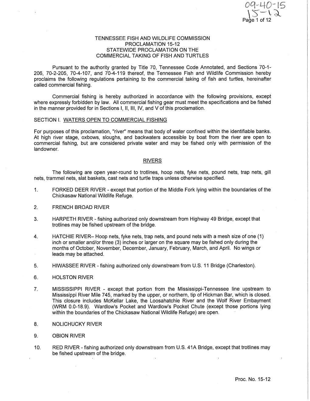 Tennessee Fish and Wildlife Commission Proclamation 15-12 Statewide Proclamation on the Commercial Taking of Fish and Turtles