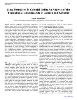 An Analysis of the Formation of Modern State of Jammu and Kashmir