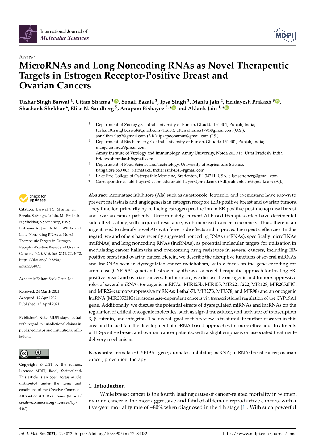 Micrornas and Long Noncoding Rnas As Novel Therapeutic Targets in Estrogen Receptor-Positive Breast and Ovarian Cancers
