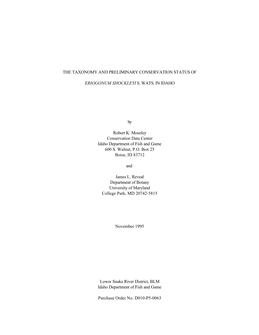 The Taxonomy and Preliminary Conservation Status of Eriogonum Shockleyi S. Wats. in Idaho