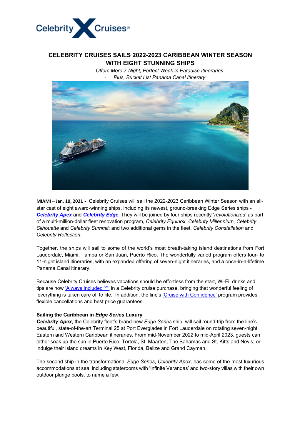 Celebrity Cruises Sails 2022-2023 Caribbean Winter Season with Eight