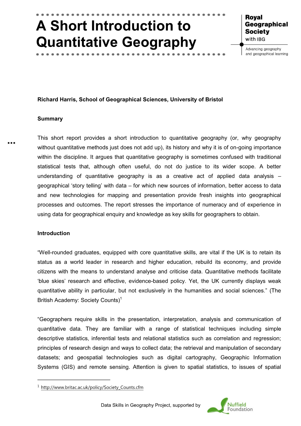 A Short Introduction to Quantitative Geography