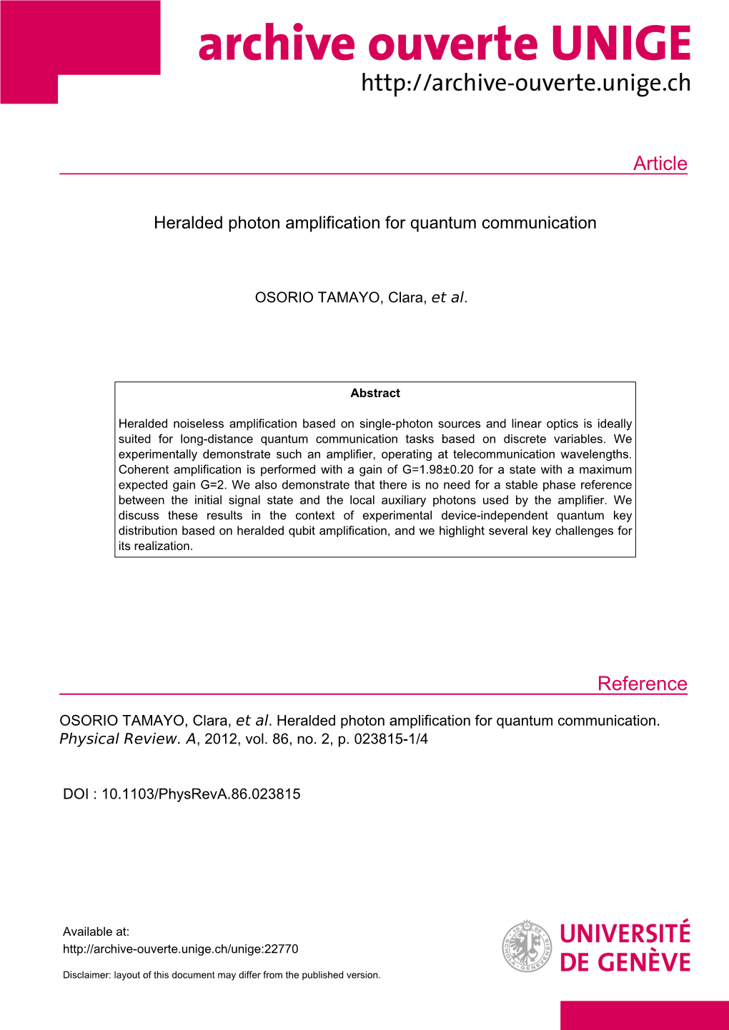 Heralded Photon Amplification for Quantum Communication