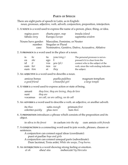 There Are Eight Parts of Speech in Latin, As in English: Noun, Pronoun, Adjective, Verb, Adverb, Conjunction, Preposition, Interjection