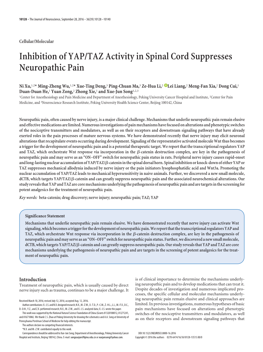 Inhibition of YAP/TAZ Activity in Spinal Cord Suppresses Neuropathic Pain