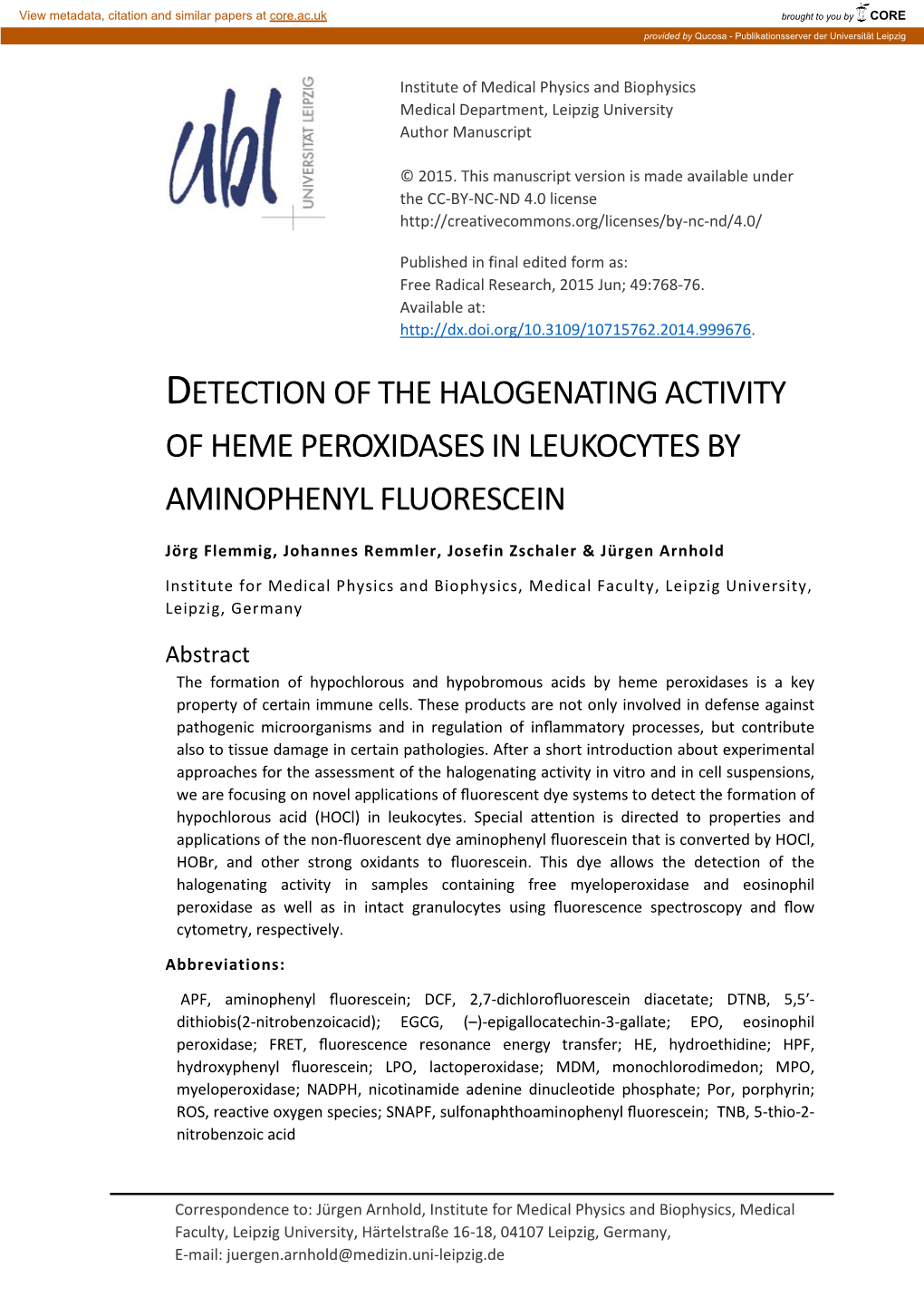 Detection of the Halogenating Activity of Heme Peroxidases in Leukocytes by Aminophenyl Fluorescein