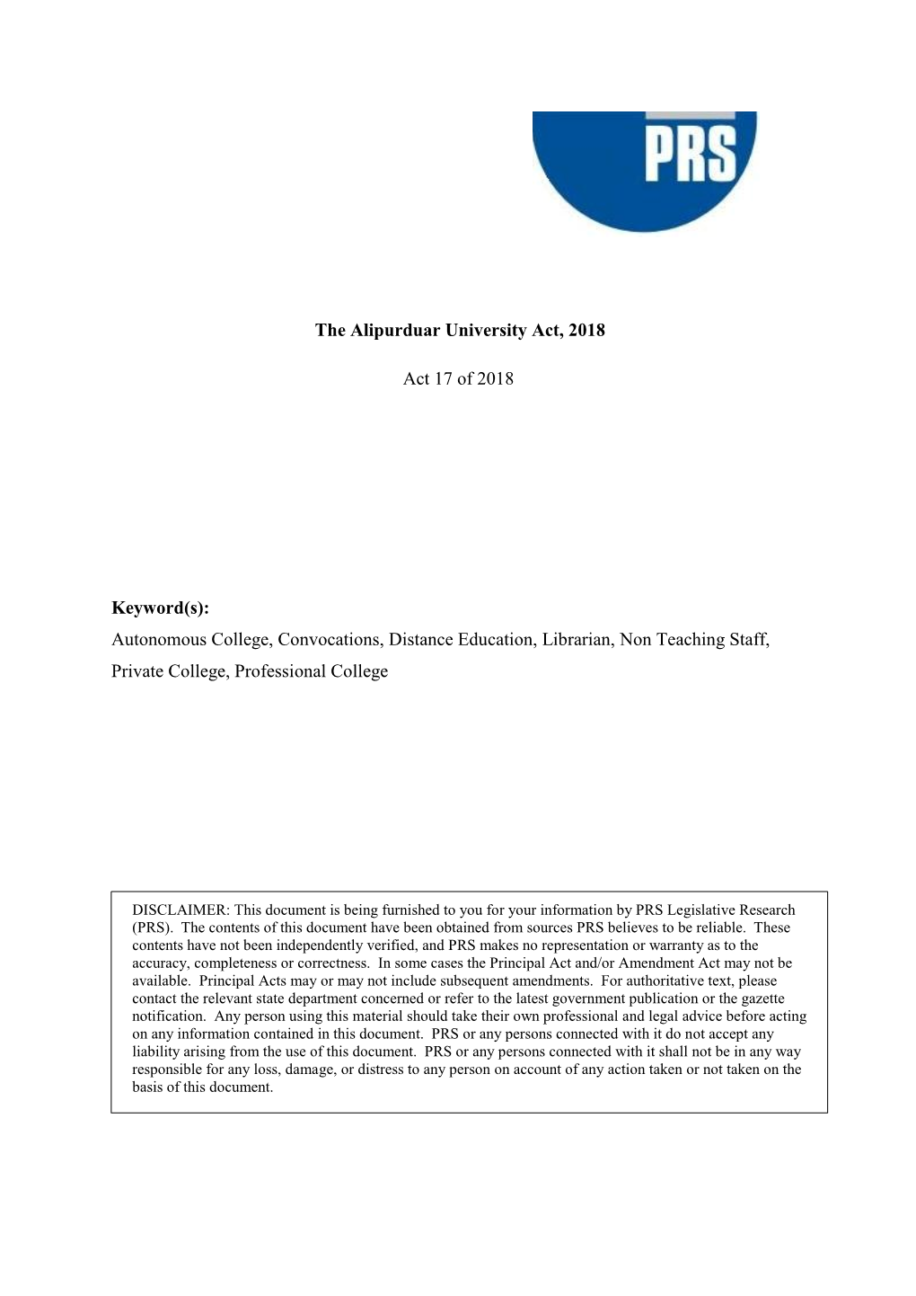 The Alipurduar University Act, 2018