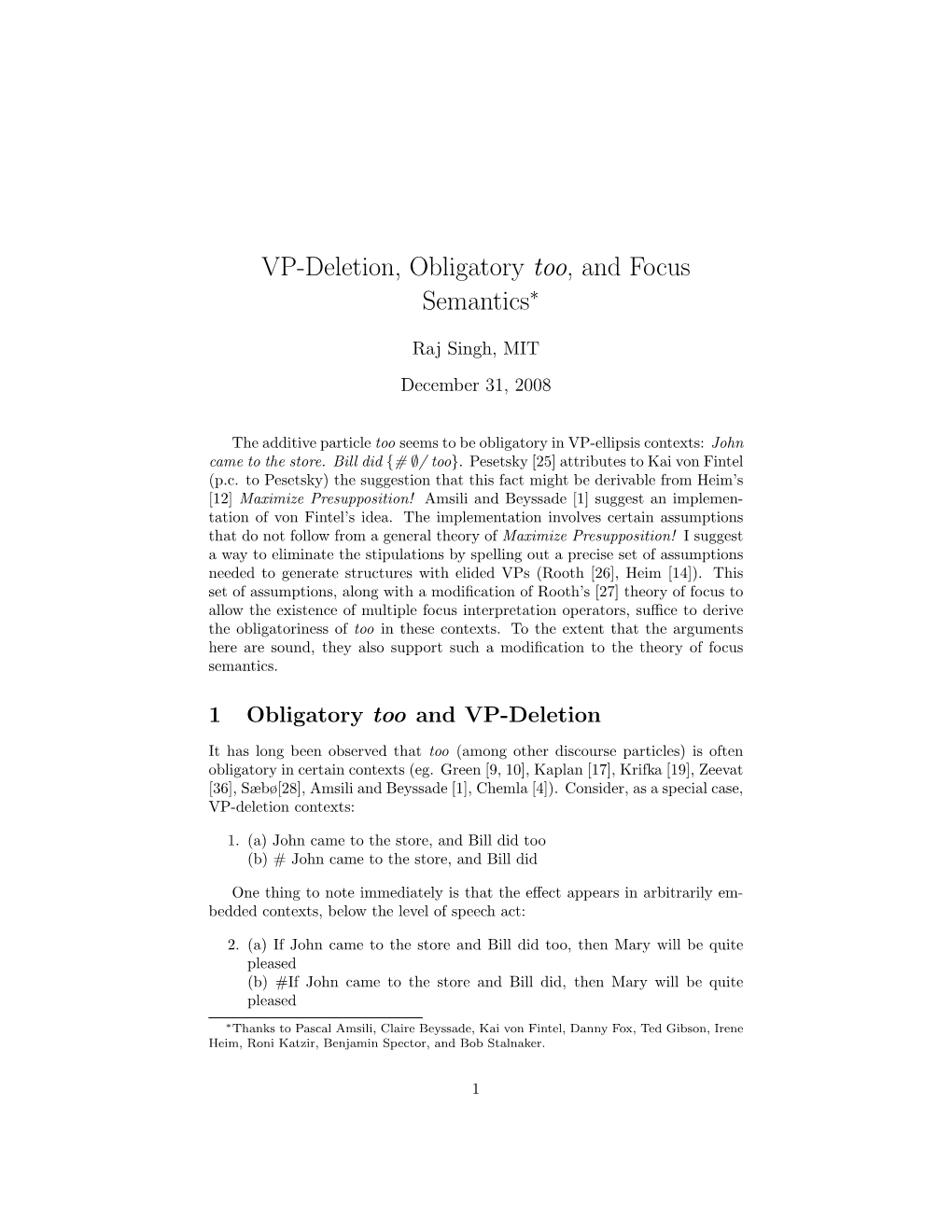 PDF VP-Deletion, Obligatory `Too,' and Focus Semantics