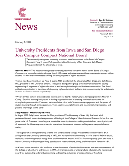 University Presidents from Iowa and San Diego Join Campus Compact