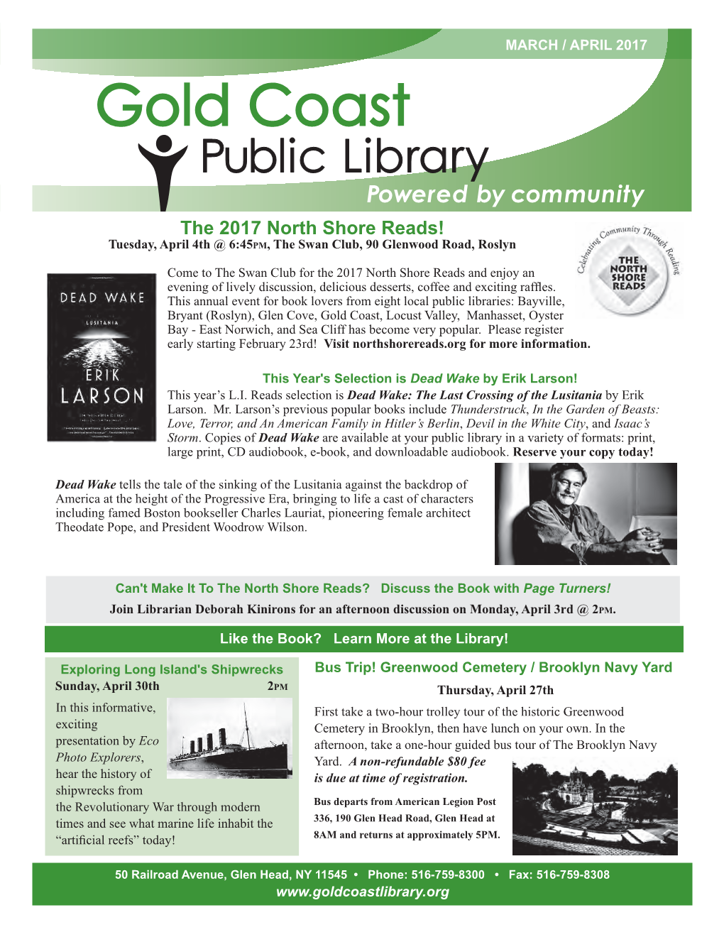 The 2017 North Shore Reads! Tuesday, April 4Th @ 6:45PM, the Swan Club, 90 Glenwood Road, Roslyn