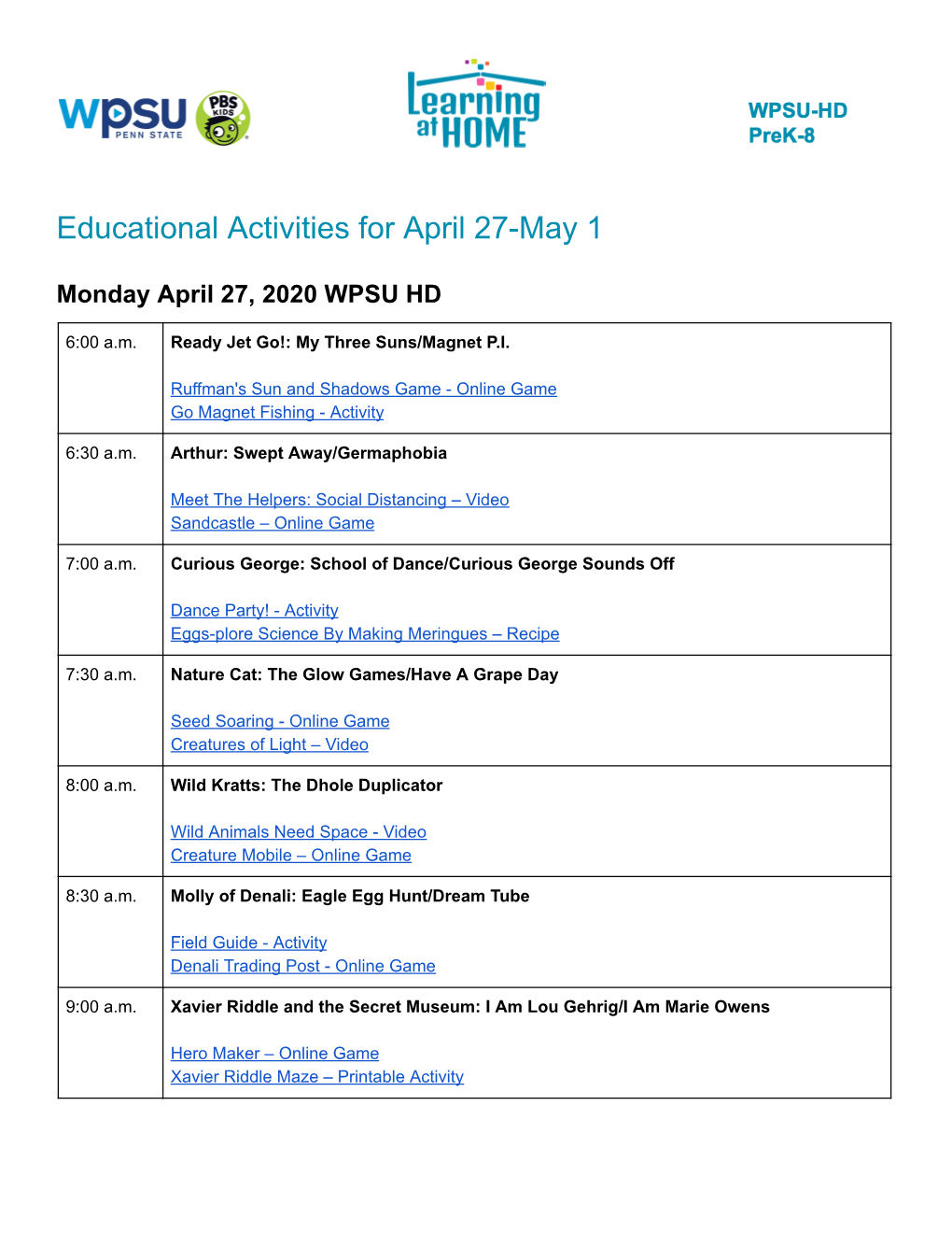 Educational Activities for April 27-May 1