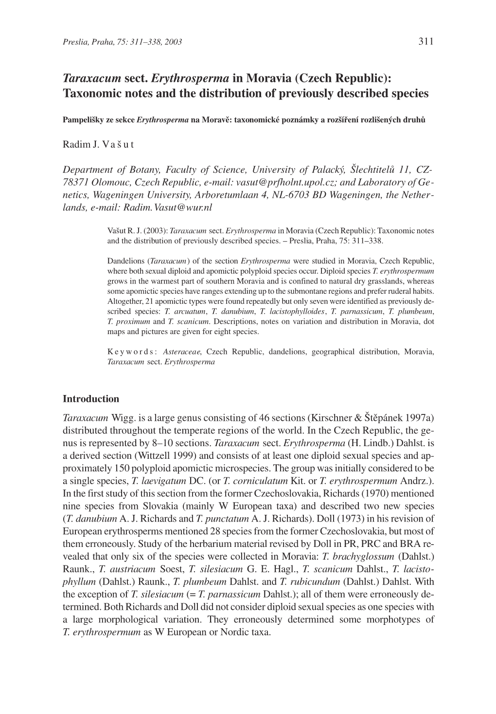 Taraxacum Sect. Erythrosperma in Moravia (Czech Republic): Taxonomic Notes and the Distribution of Previously Described Species