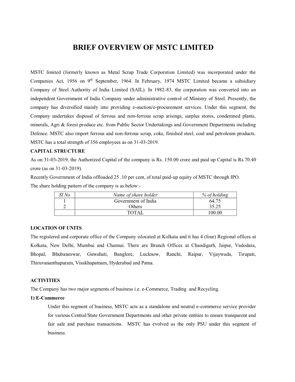 Brief Overview of Mstc Limited