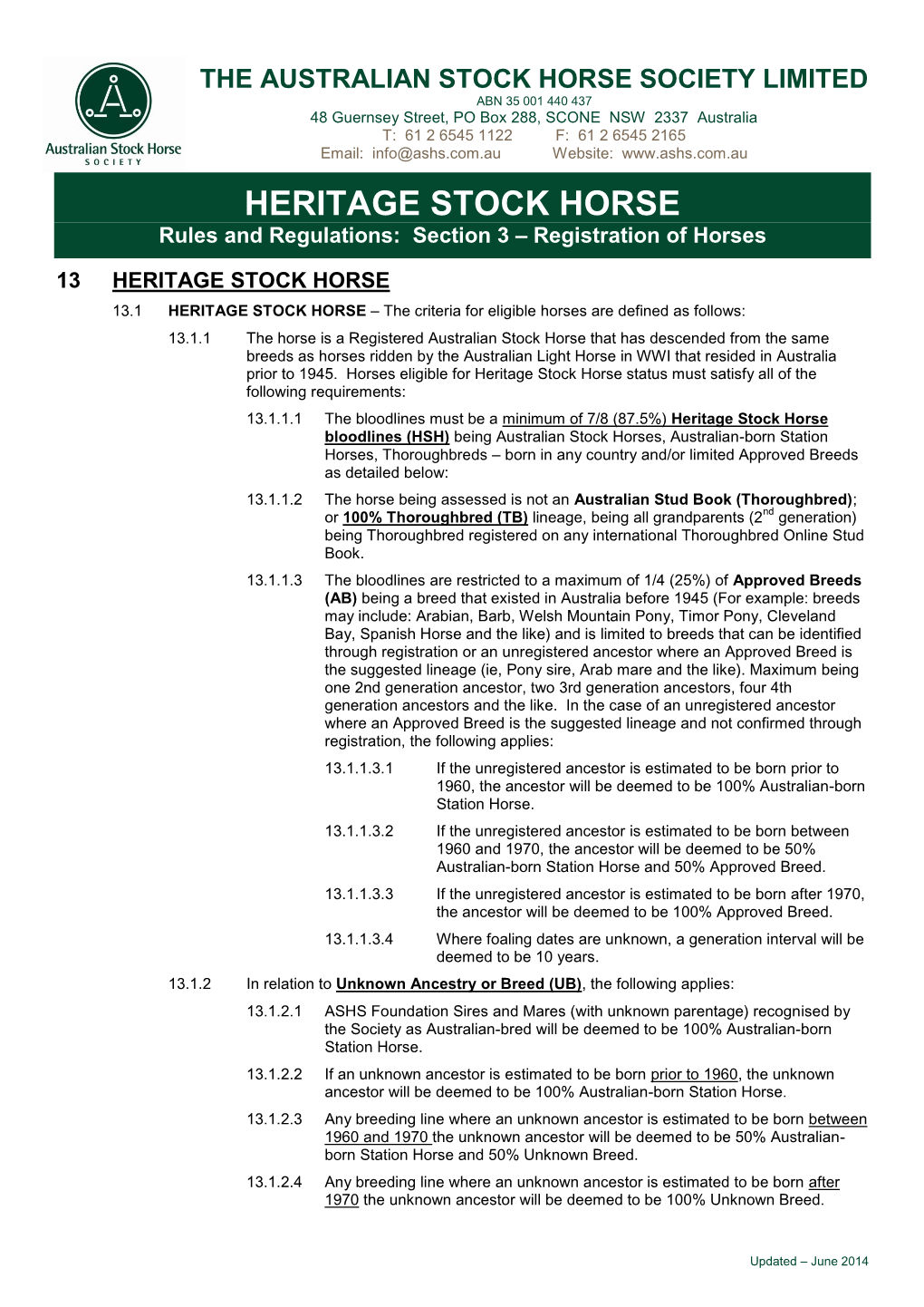 HERITAGE STOCK HORSE Rules and Regulations: Section 3 – Registration of Horses