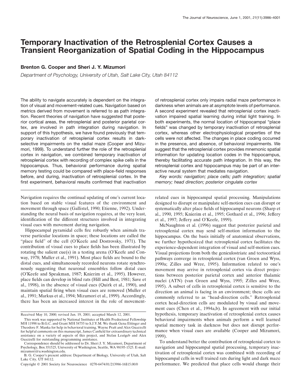 Temporary Inactivation of the Retrosplenial Cortex Causes a Transient Reorganization of Spatial Coding in the Hippocampus