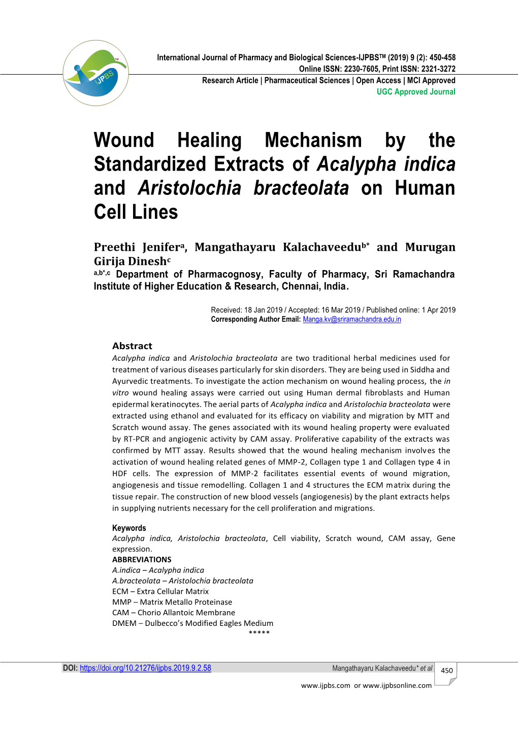 Wound Healing Mechanism by the Standardized Extracts of Acalypha Indica and Aristolochia Bracteolata on Human Cell Lines