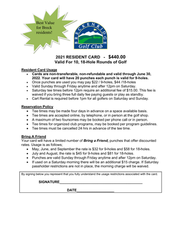 2021 RESIDENT CARD - $440.00 Valid for 10, 18-Hole Rounds of Golf