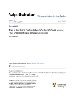 Trust in God Going Too Far: Indiana's "In God We Trust" License Plate Endorses Religion at Taxpayer Expense