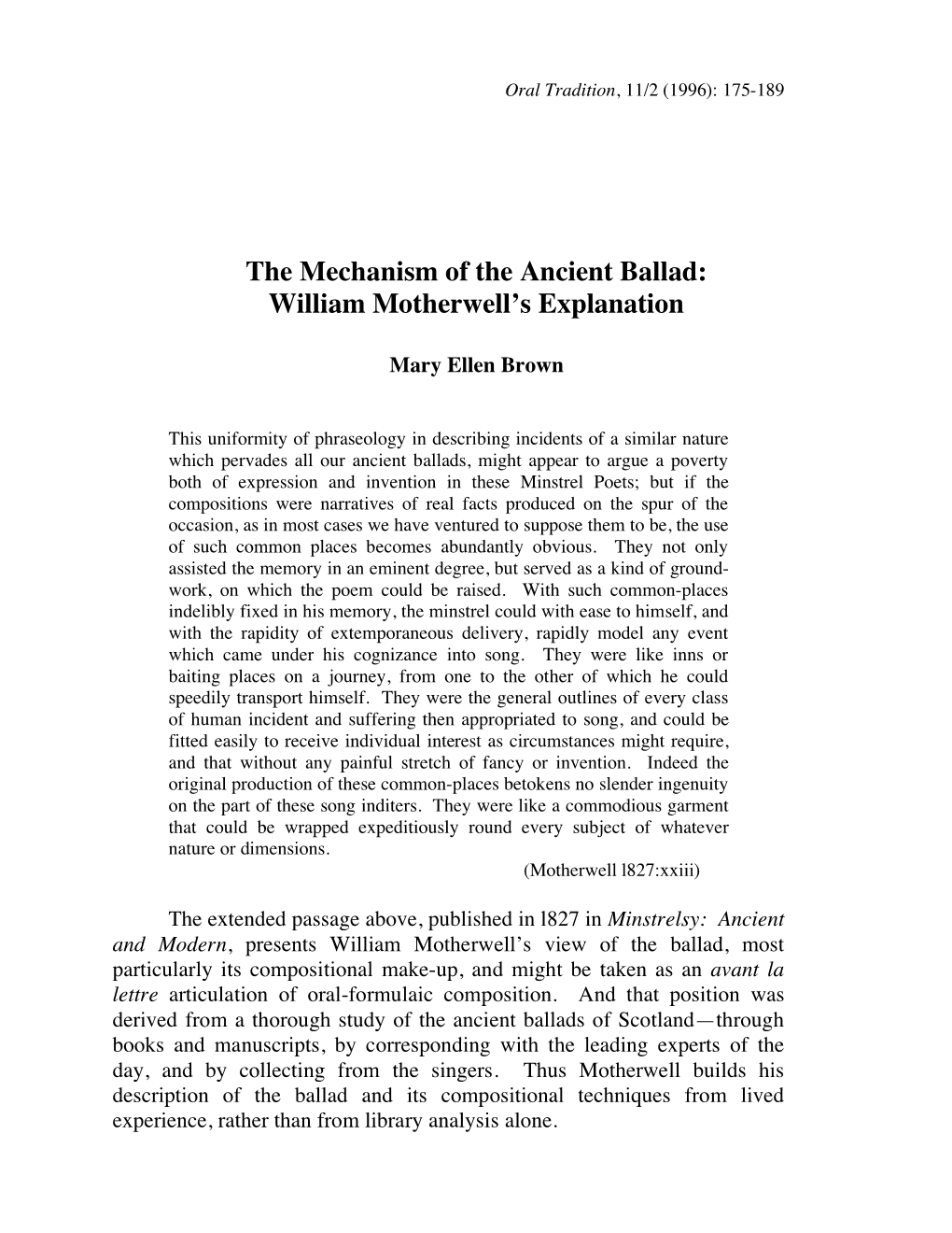 The Mechanism of the Ancient Ballad: William Motherwell's Explanation