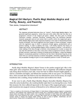 Magical Girl Martyrs: Puella Magi Madoka Magica and Purity, Beauty, and Passivity Tate James, Comparative Literature*