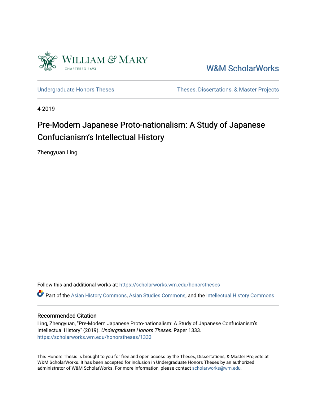 Pre-Modern Japanese Proto-Nationalism: a Study of Japanese Confucianism’S Intellectual History