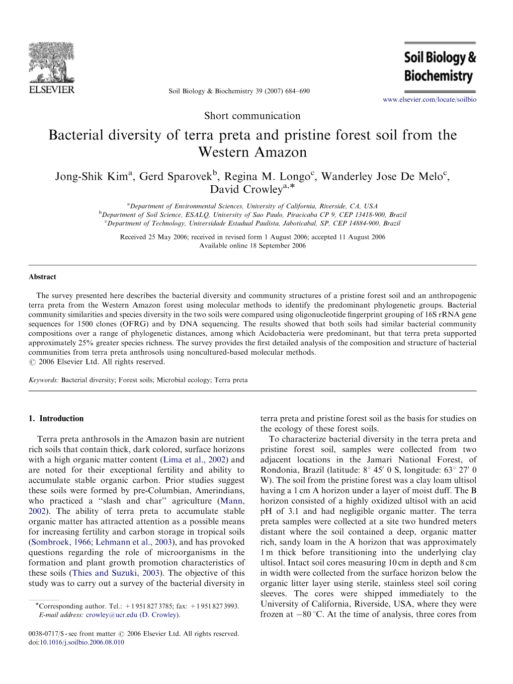 Bacterial Diversity of Terra Preta and Pristine Forest Soil from the Western Amazon