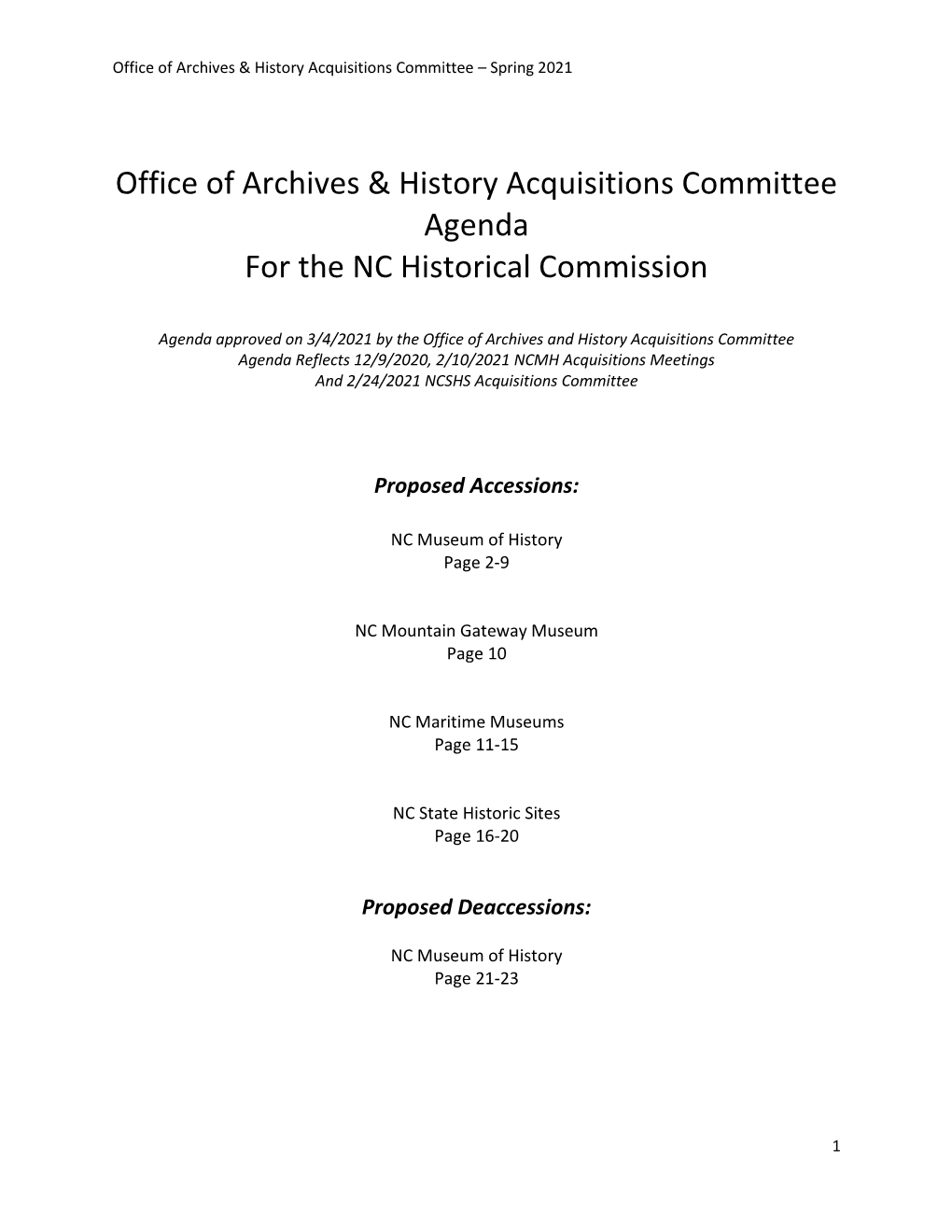 Office of Archives & History Acquisitions Committee Agenda For