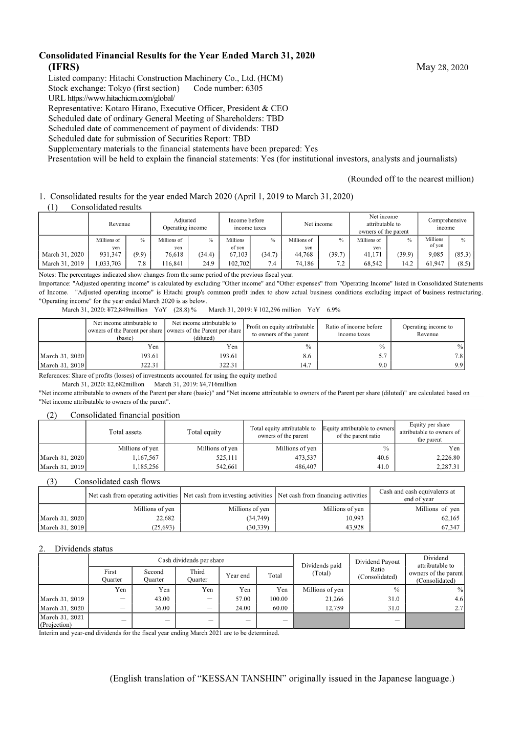 Financial Results for the Year Ended March 31, 2020(IFRS)