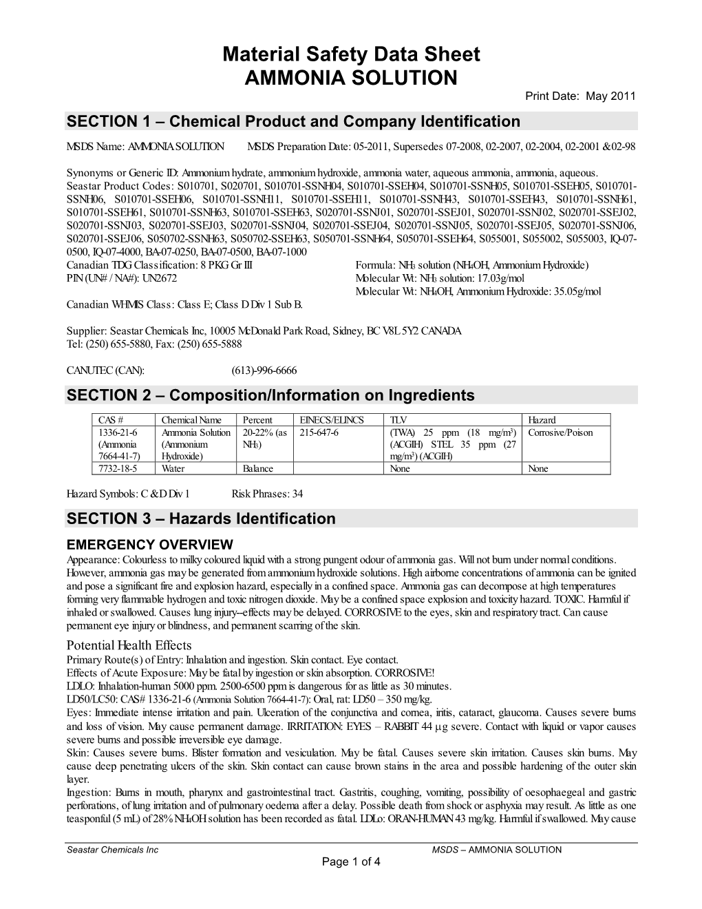 Material Safety Data Sheet AMMONIA SOLUTION DocsLib