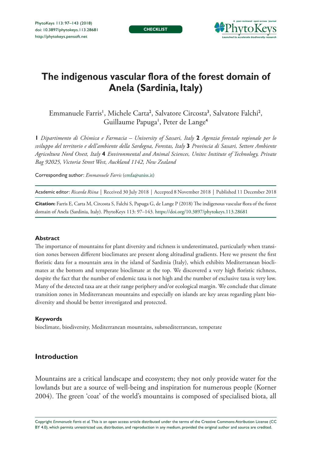 The Indigenous Vascular Flora of the Forest Domain of Anela (Sardinia, Italy)