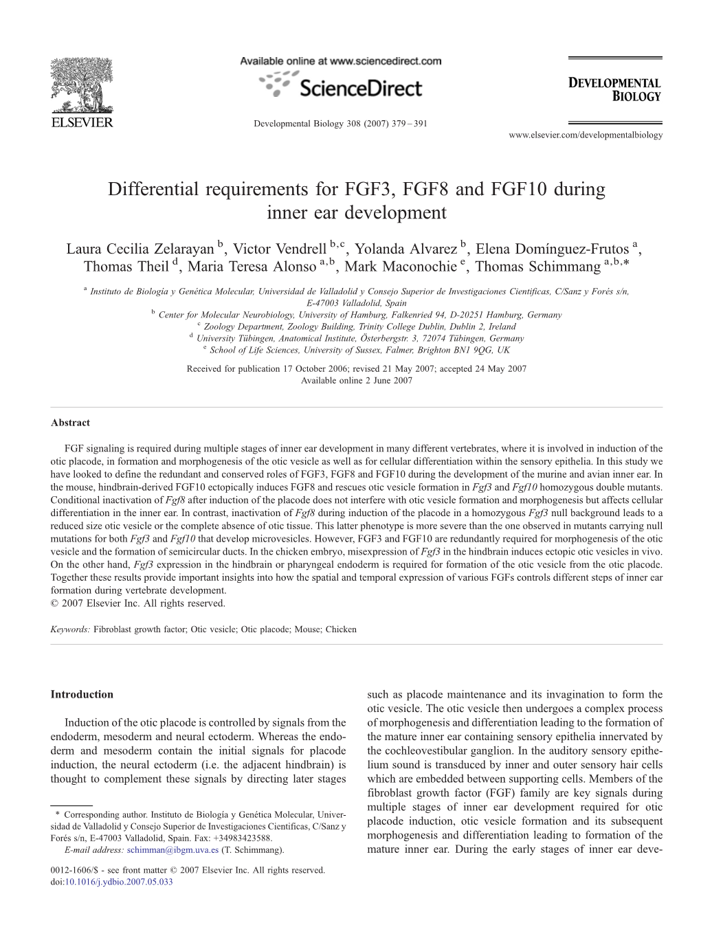 Differential Requirements for FGF3, FGF8 and FGF10 During Inner Ear Development