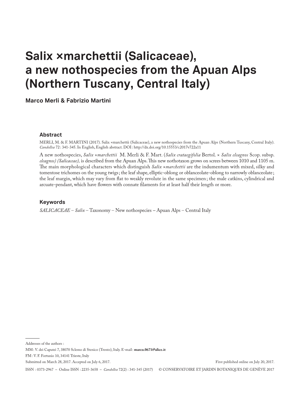 Salix ×Marchettii (Salicaceae), a New Nothospecies from the Apuan Alps (Northern Tuscany, Central Italy)