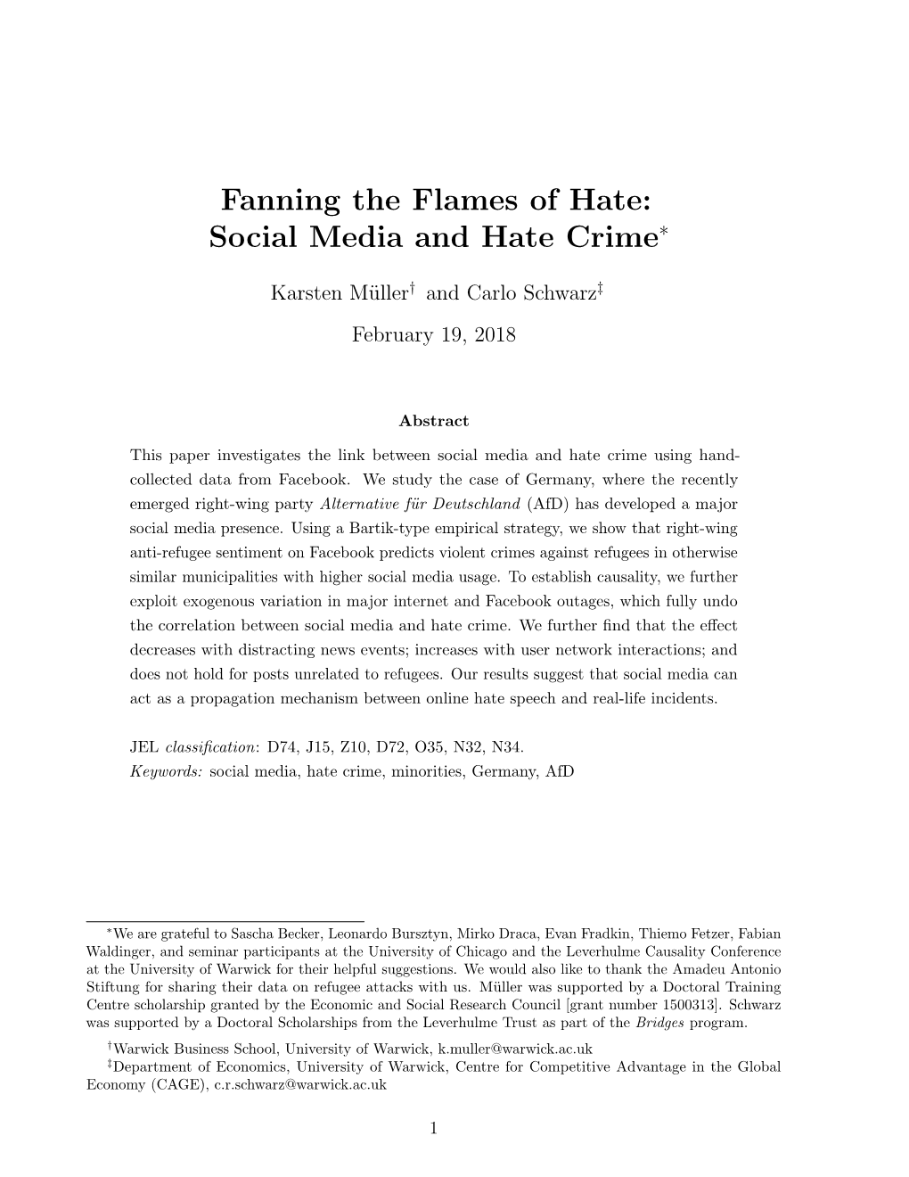 Fanning the Flames of Hate: Social Media and Hate Crime∗