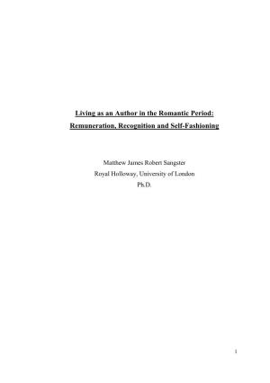 Living As an Author in the Romantic Period: Remuneration, Recognition and Self�Fashioning