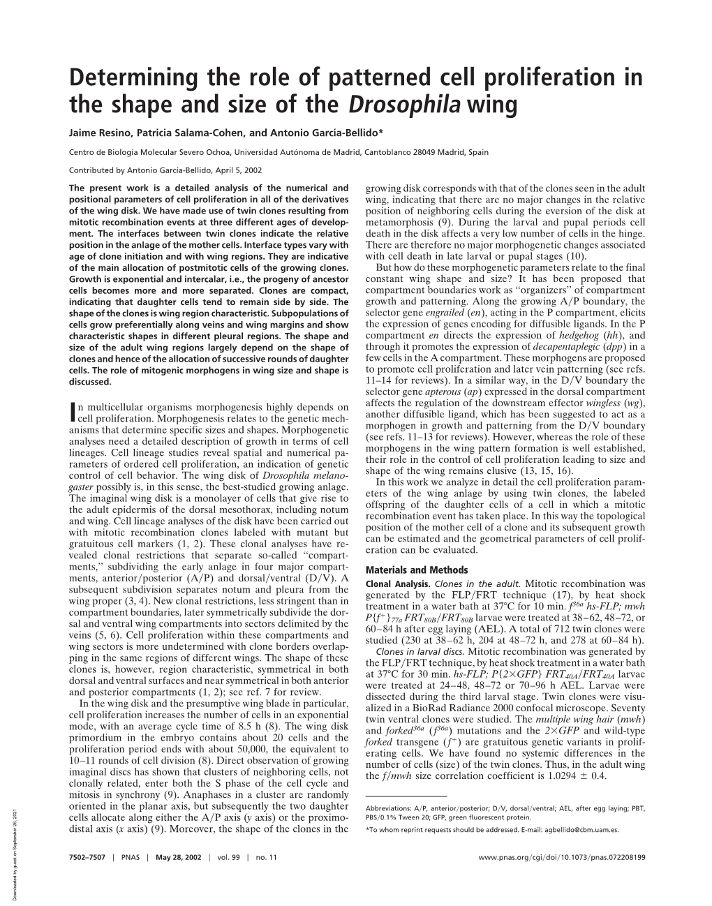 Determining the Role of Patterned Cell Proliferation in the Shape and Size of the Drosophila Wing