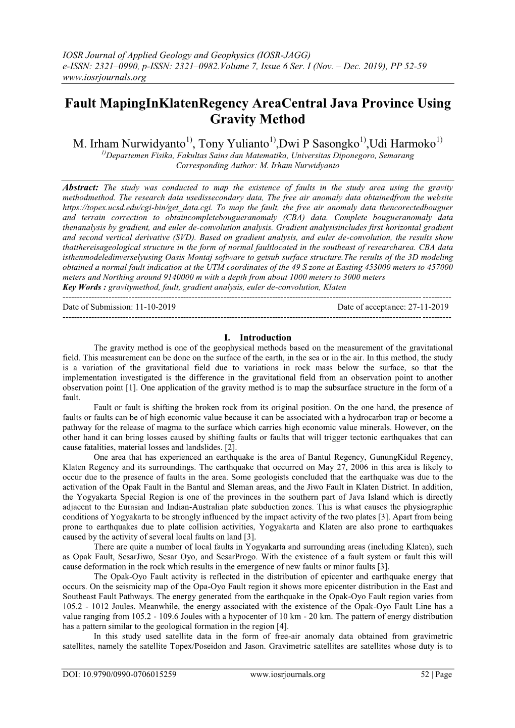 Fault Mapinginklatenregency Areacentral Java Province Using Gravity Method