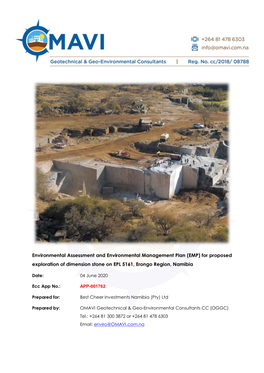 For Proposed Exploration of Dimension Stone on EPL 5161, Erongo Region, Namibia