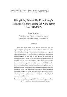 Disciplining Taiwan: the Kuomintang's Methods of Control