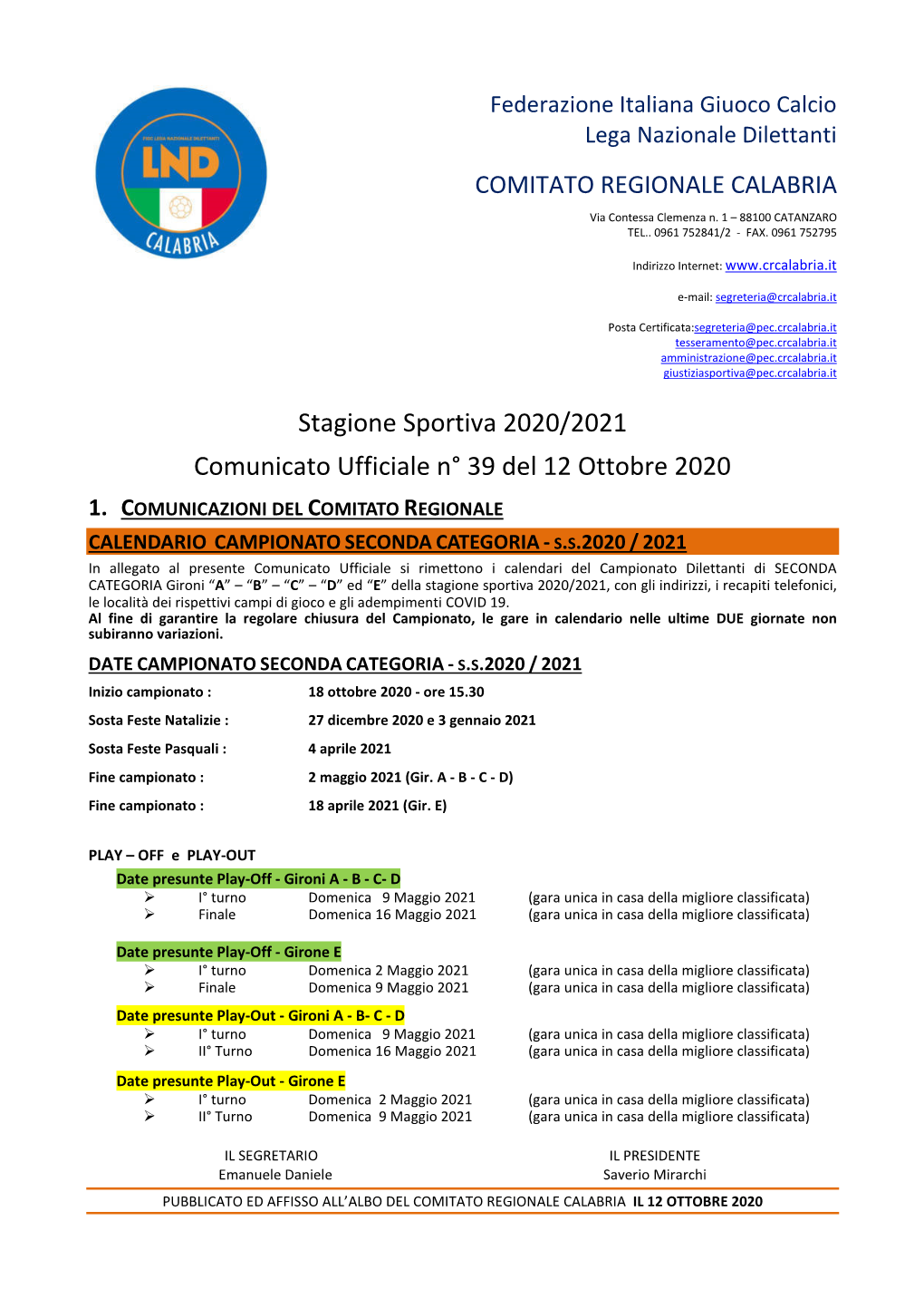 Calendari Di Seconda Categoria in Calabria