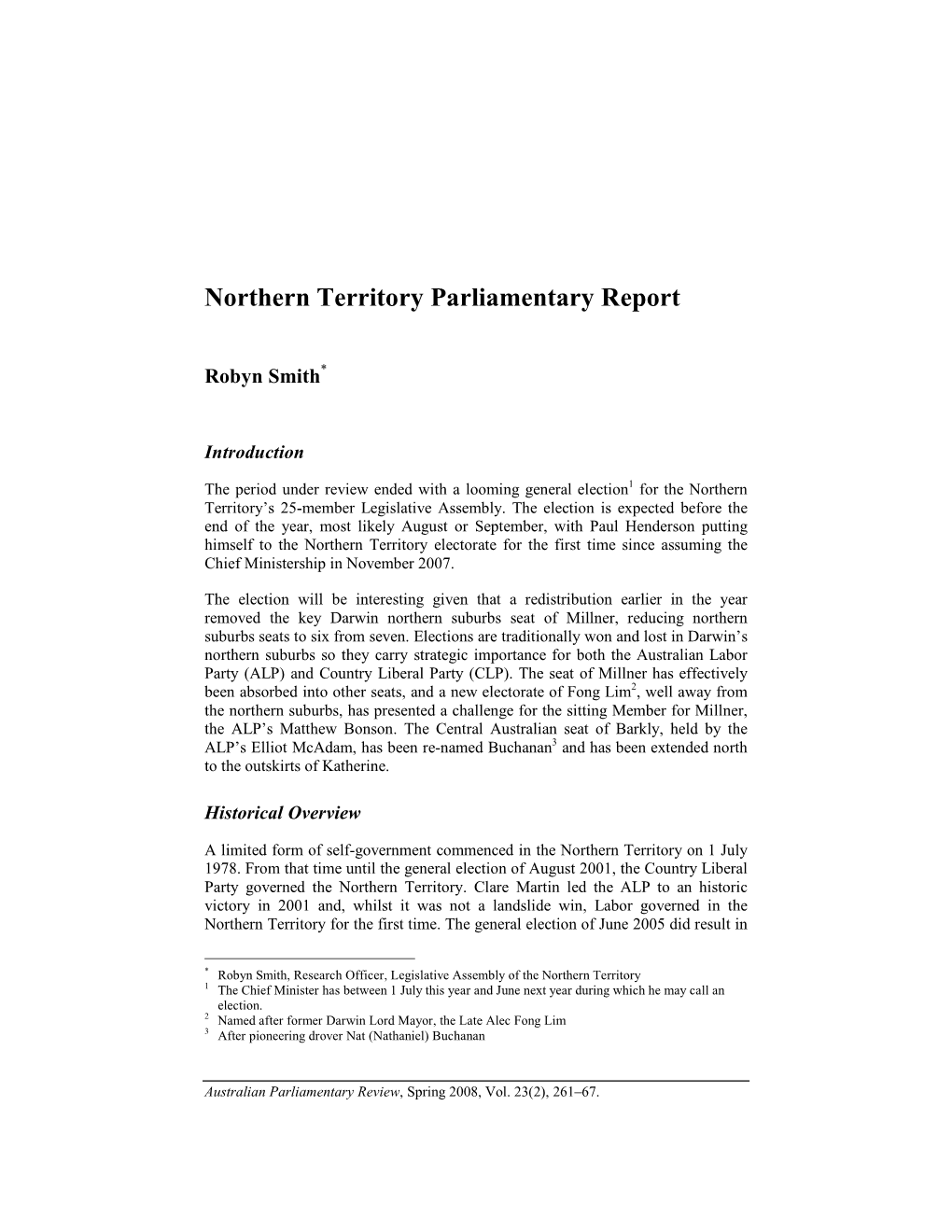 Northern Territory Parliamentary Report