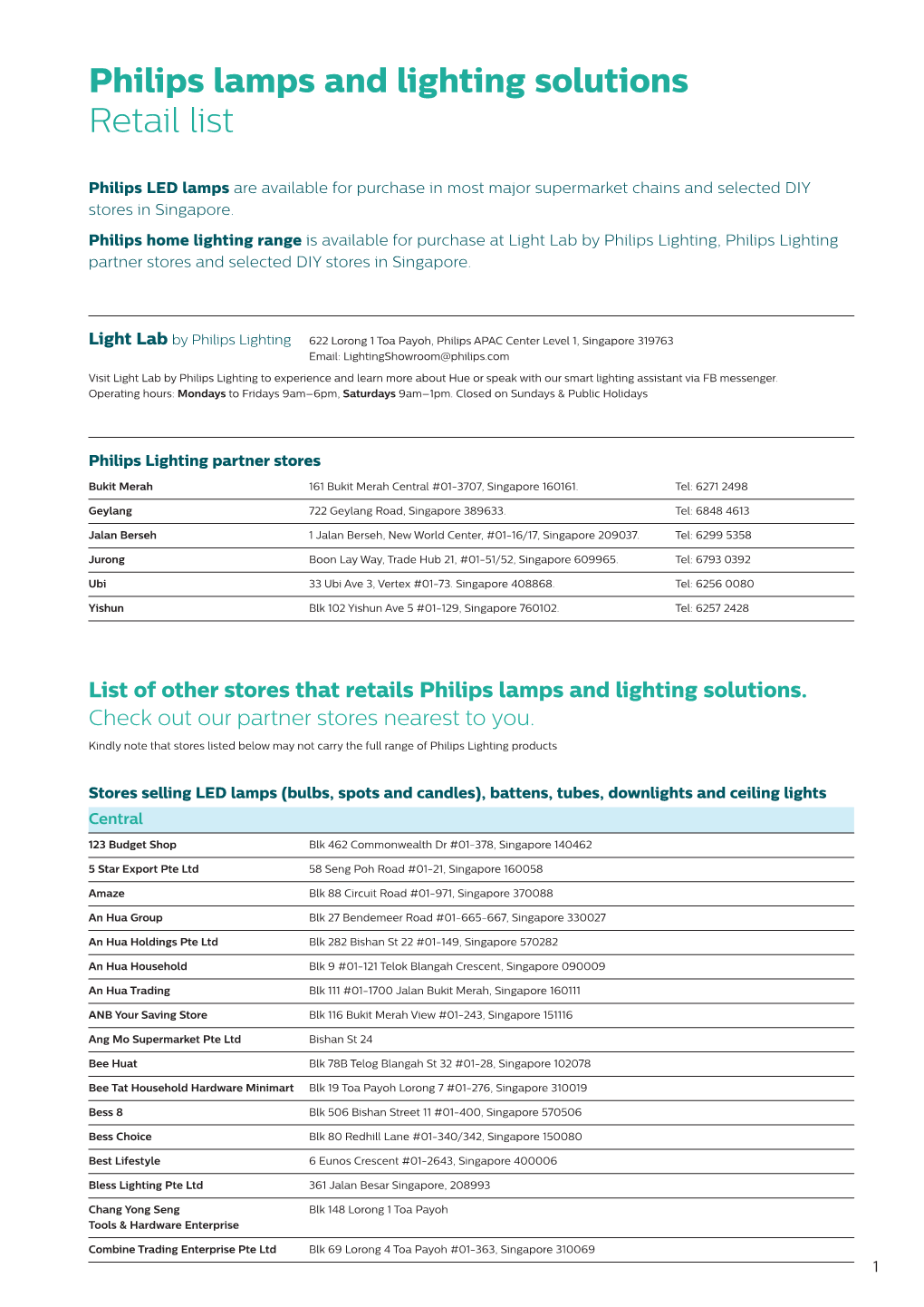 Philips Lamps and Lighting Solutions Retail List