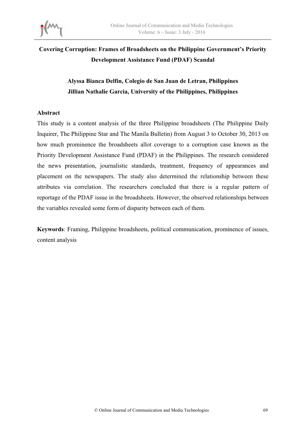 Covering Corruption: Frames of Broadsheets on the Philippine Government’S Priority Development Assistance Fund (PDAF) Scandal