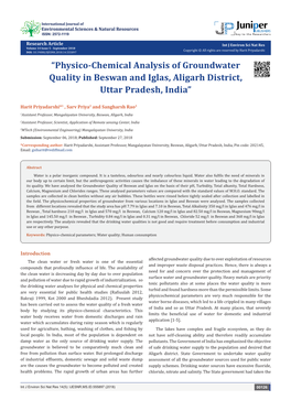 “Physico-Chemical Analysis of Groundwater Quality in Beswan and Iglas, Aligarh District, Uttar Pradesh, India”